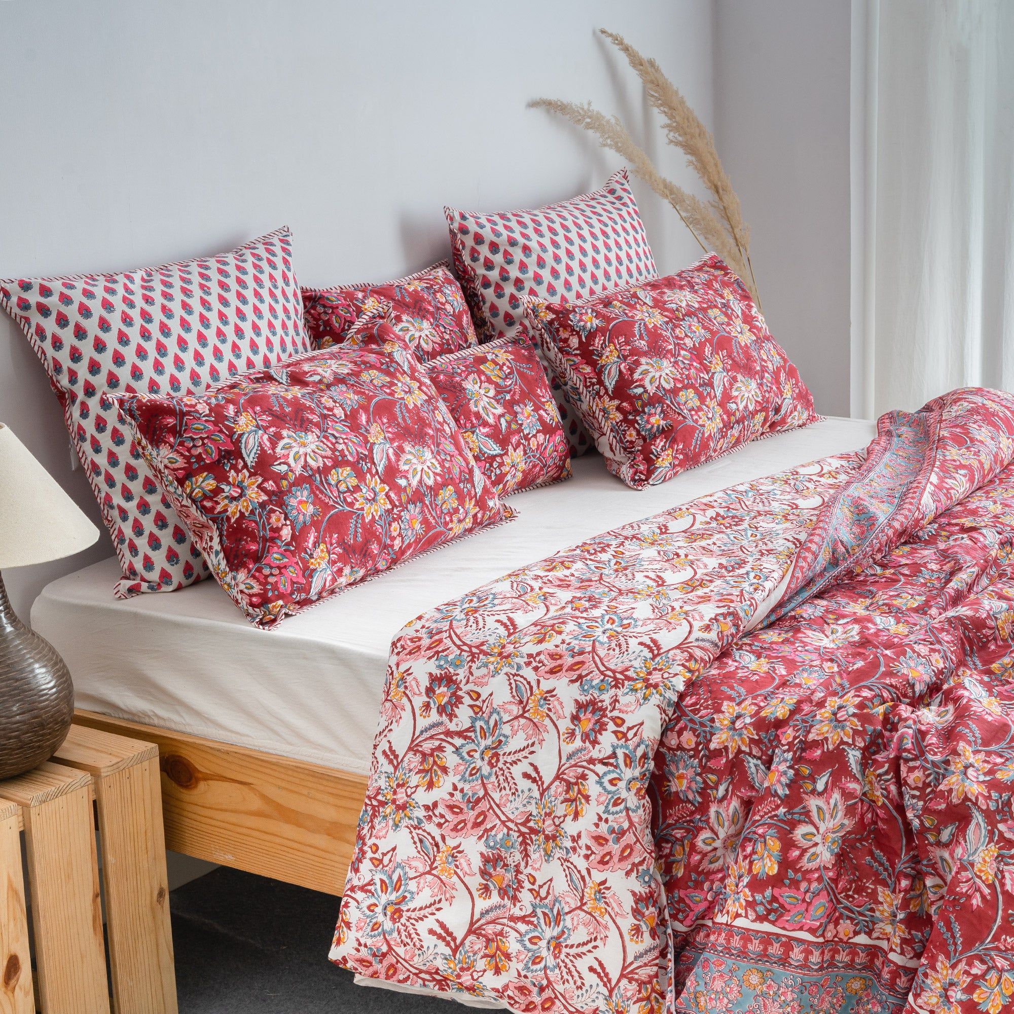 Premium Floral Block Print Soft Cotton Duvet Blanket with Shams